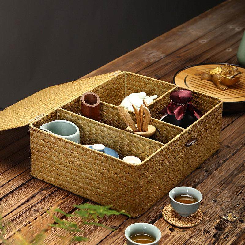 采购产品手工藤收纳盒，收纳篮，收纳篮，有盖稻草编织，三室茶具,收纳整理,收纳箱,淘宝优惠券,粉丝福利购,淘宝优惠卷