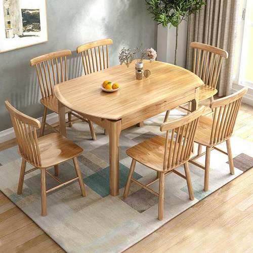 全实木餐桌家用小户型现代简约可伸缩折叠北欧方圆两用饭桌圆桌子