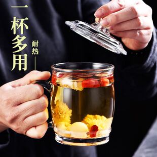 耐热玻璃杯家用加厚带把喝水杯子大容量带盖男泡茶杯透明茶水杯