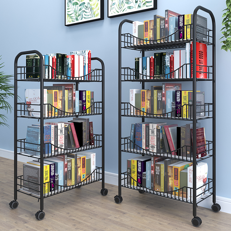 黑色书架置物架落地多层移动推车简易家用网红收纳放书房书桌架子
