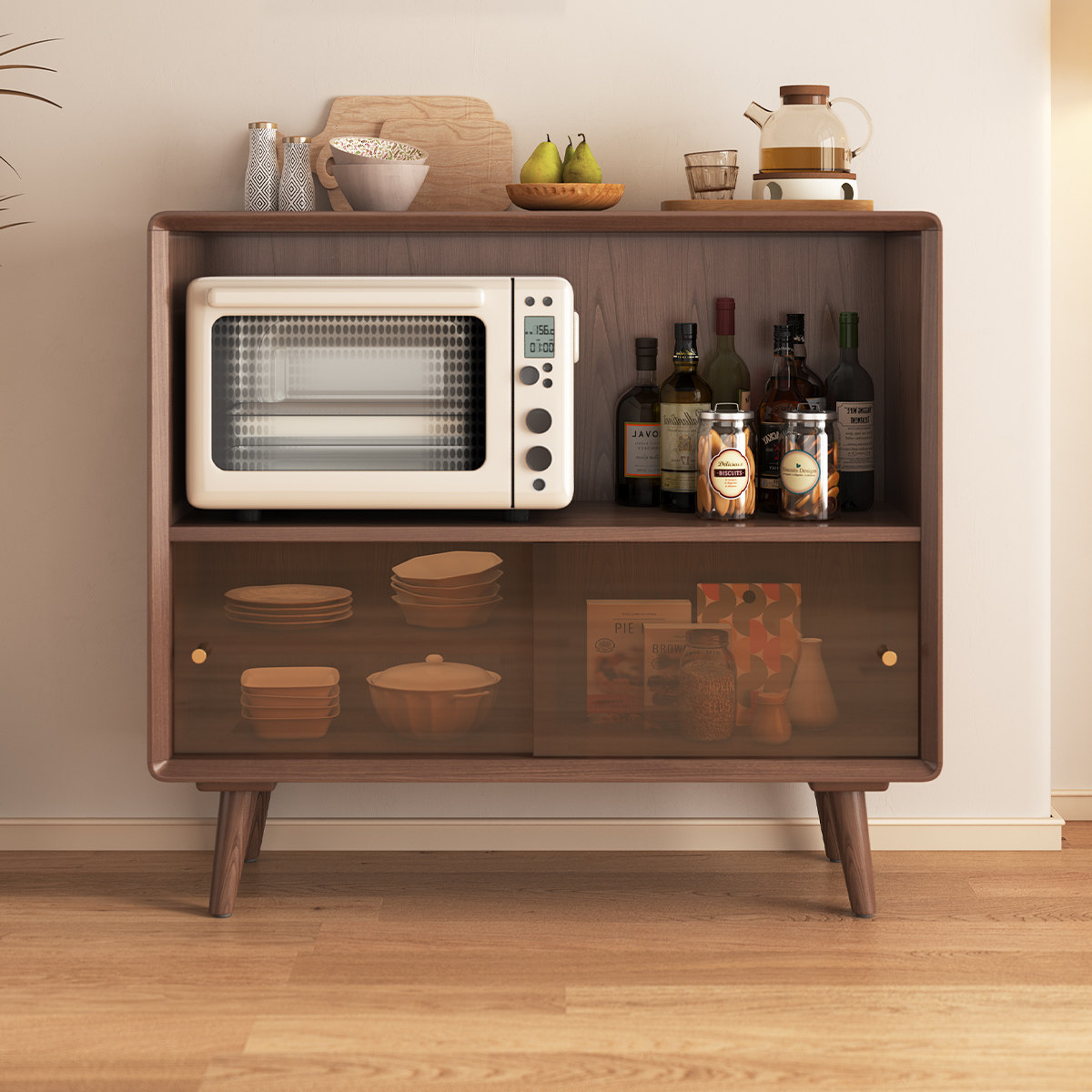 实木餐边柜厨房橱柜碗柜日式客厅茶水柜置物柜餐厅靠墙玻璃储物柜