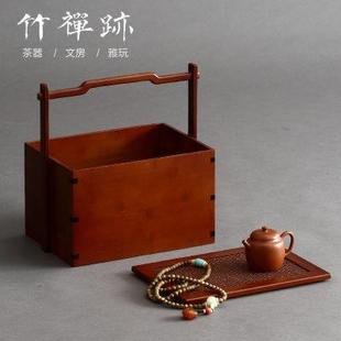 竹编茶箱茶具收纳提箱旅行竹制食盒中式 竹禅迹 复古竹茶盒竹提篮