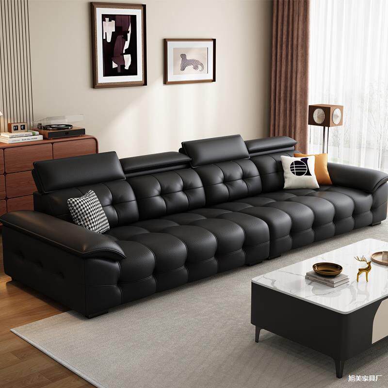 意式轻奢风真皮沙发家用客厅直排大坐深沙发头枕可调节钢琴键沙发