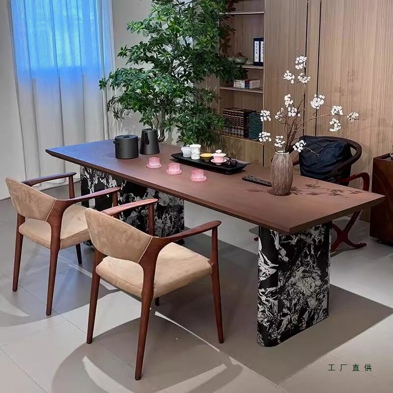 新中式实木茶桌椅组合现代胡桃木茶台茶室办公室简约大理石泡茶桌