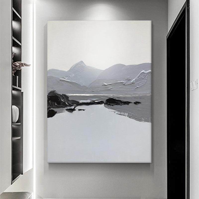 玄关装饰画肌理画抽象艺术山水画手绘油画黑白灰客厅沙发背景挂画