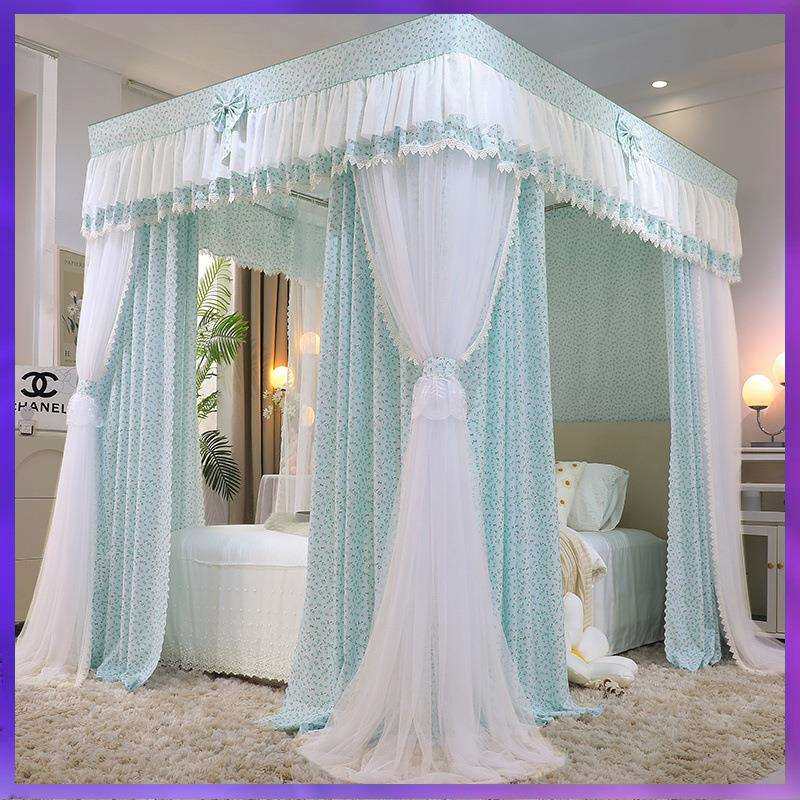 WG6Q新款双层遮光床帘蚊帐一体式三开门布帘家用宫廷落地公主卧室