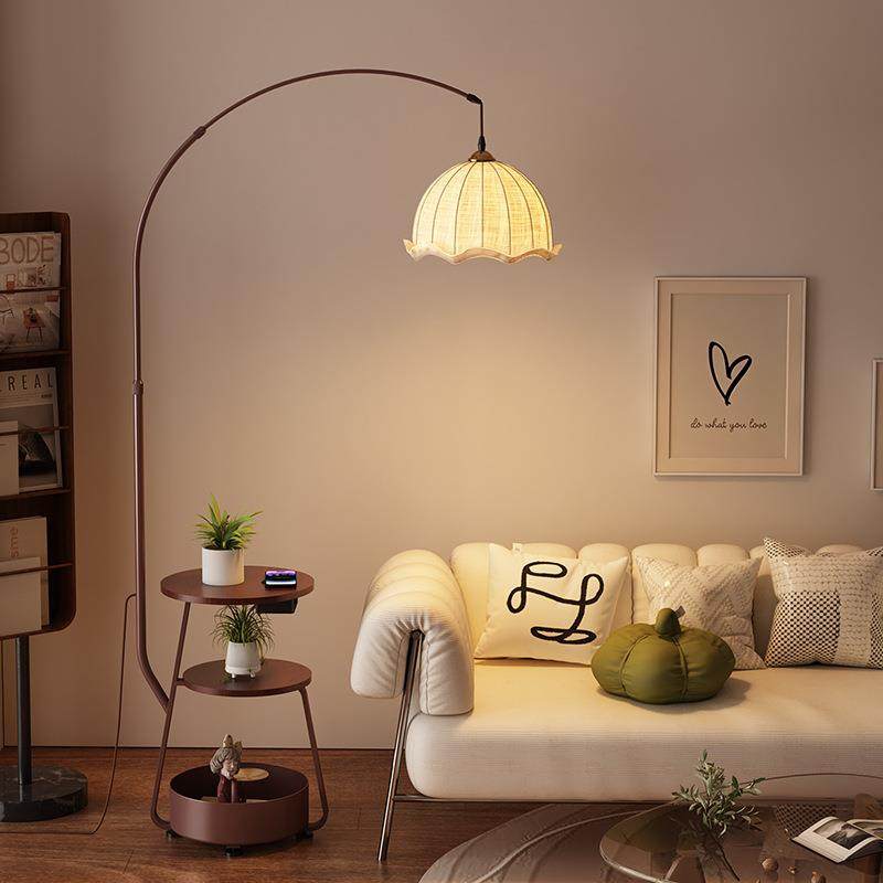 中古风落地灯2025新款实木客厅沙发边卧室床头置物架一体立式台灯