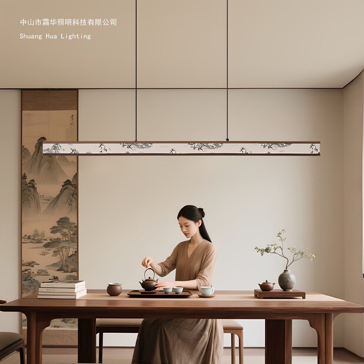 宋代美学餐厅吊灯茶室饭桌灯中式古典韵味民宿书房一字长条吊灯