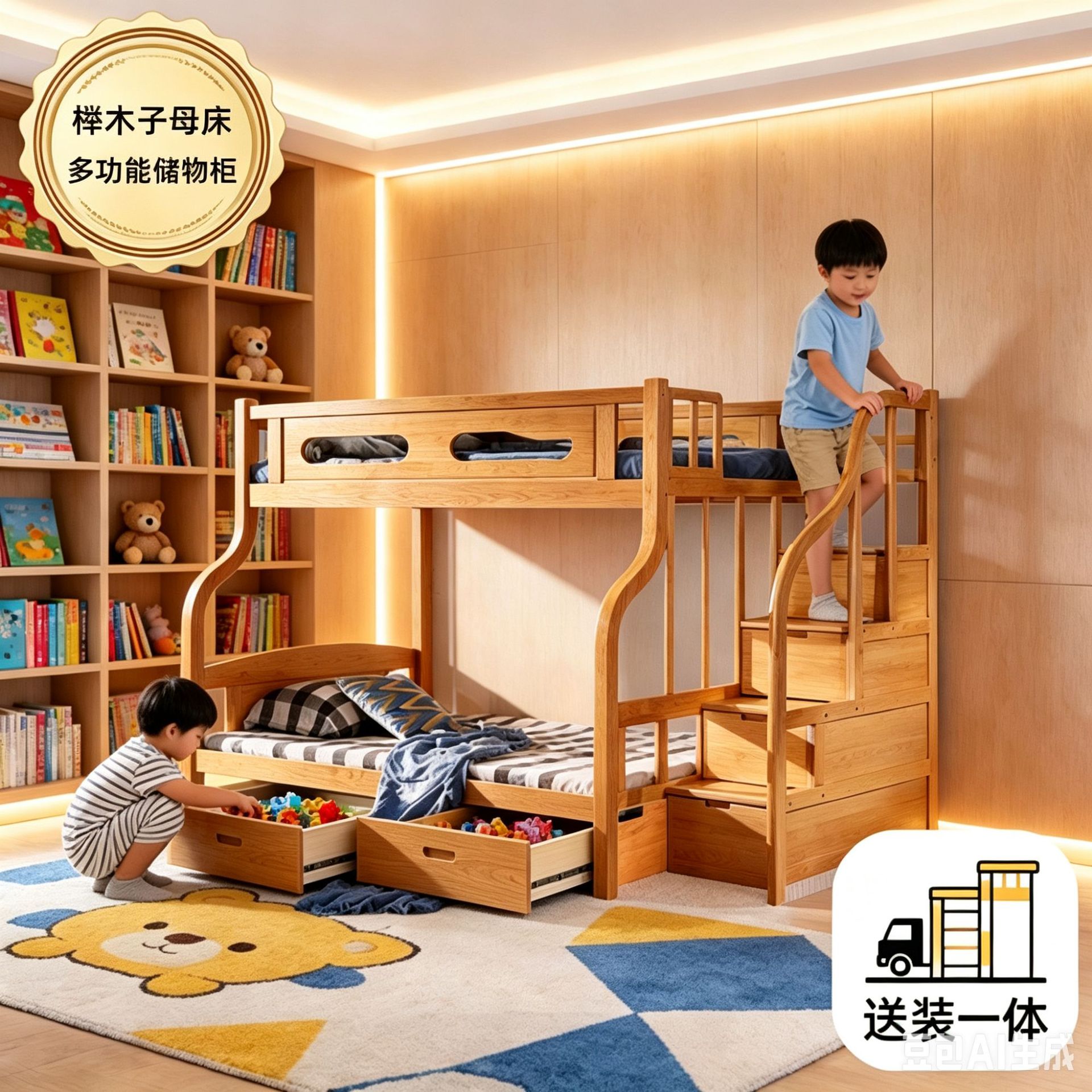 实木上下床高低榉木双层铺床儿童多功能储物柜字母床子母床儿童房