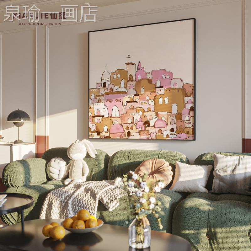 网红现代厅画玄关挂黄色欧风抽建筑背象景墙客卧室北装饰画方形壁图片