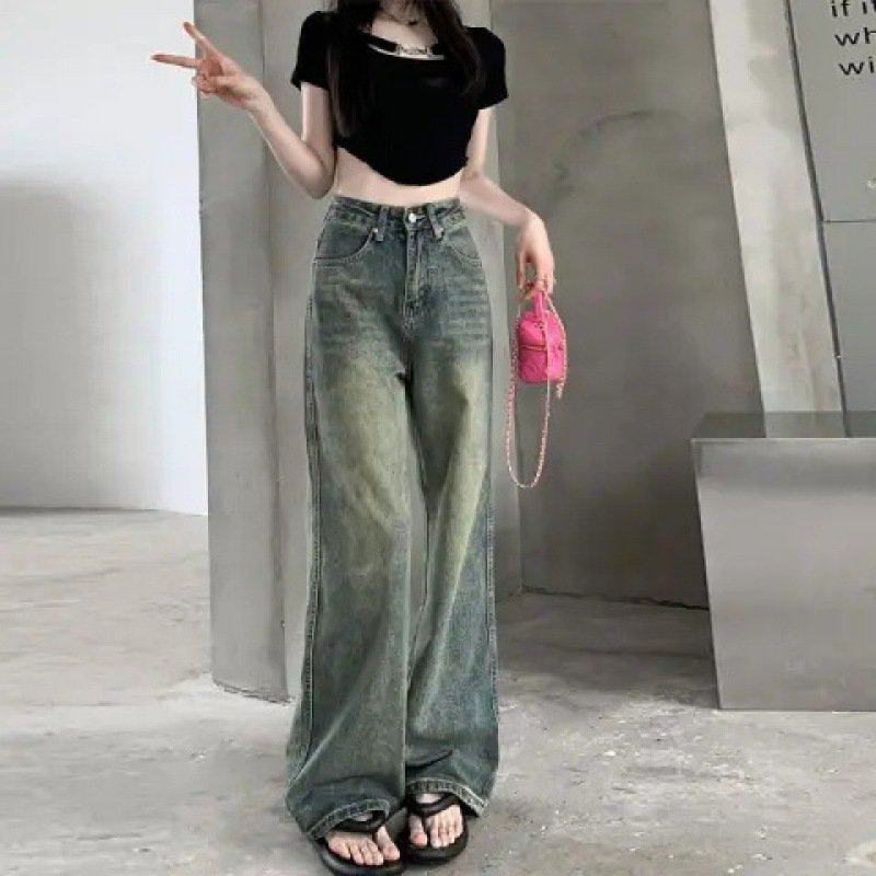 复古做旧阔腿牛仔裤2023秋季高腰宽松显瘦外搭学生直筒拖地裤ins,女装/女士精品,大码裤装,淘宝优惠券,粉丝福利购,淘宝优惠卷