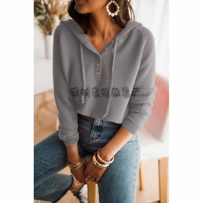 跨境秋冬款都市休闲性感连帽针织衫纯色套头卫衣欧美单排扣毛衣女,女装/女士精品,毛针织衫,淘宝优惠券,粉丝福利购,淘宝优惠卷