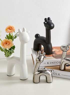 创意小鹿花瓶摆i件客厅插花干x花茶几酒柜可爱陶瓷圆口装饰品小花