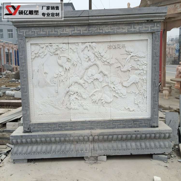 石雕汉白玉松鹤延年浮雕石头壁画中式仿古壁画庭院八骏图马浮雕墙