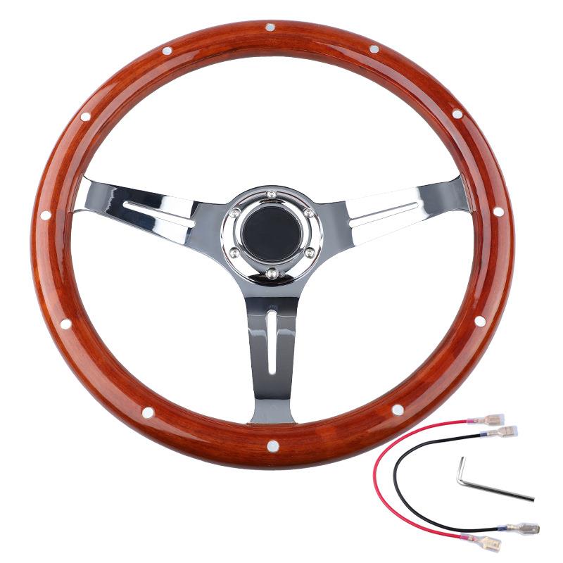 15寸汽车赛车改装实木转向盘380MM电镀支架通用桃木复古方向盘