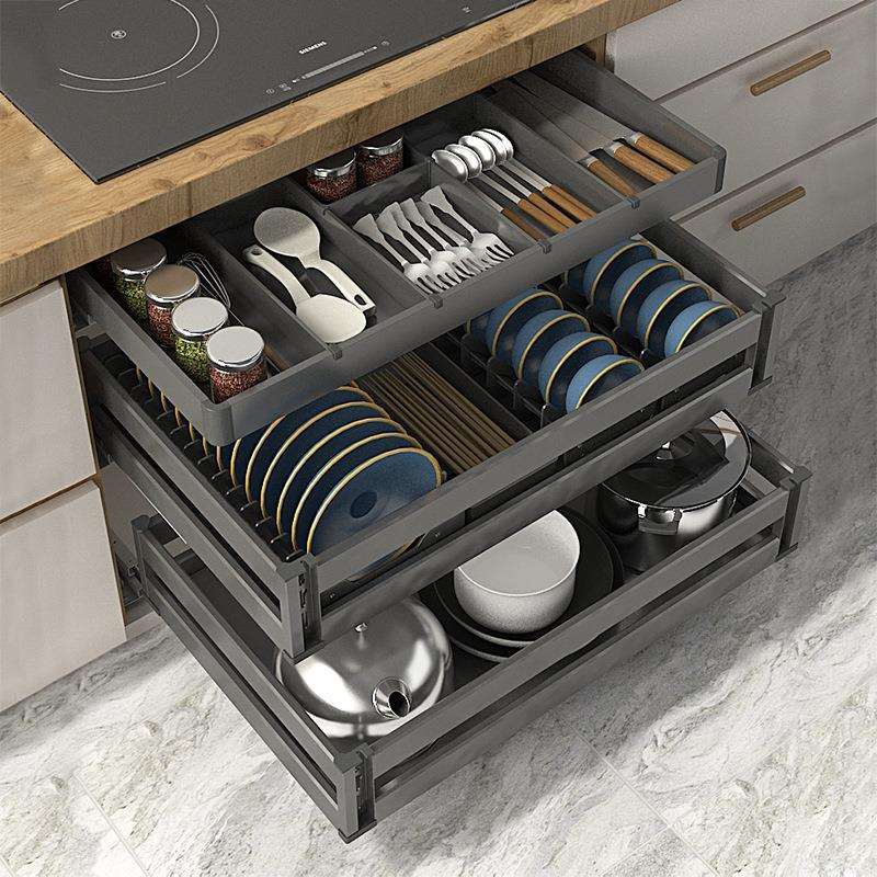 c8x2024新款厨房橱柜铝合金拉篮三层抽屉式碗碟架柜内拉蓝置物架
