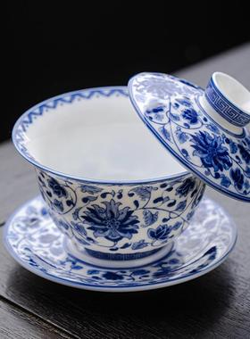 青花羊脂玉三才盖碗悬停复古大容量缠枝莲单个不烫手陶瓷泡茶杯具