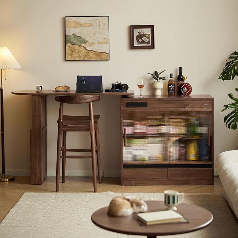 北美黑胡桃木伸缩吧台桌实木高脚桌靠墙家用阳台休闲转角客厅书桌