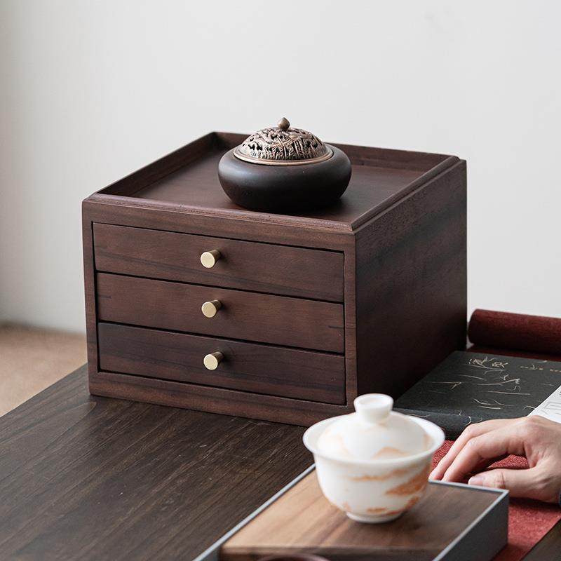 高档复古普洱茶饼收纳盒多层抽屉式胡桃木实木收纳架分茶盘分茶盘