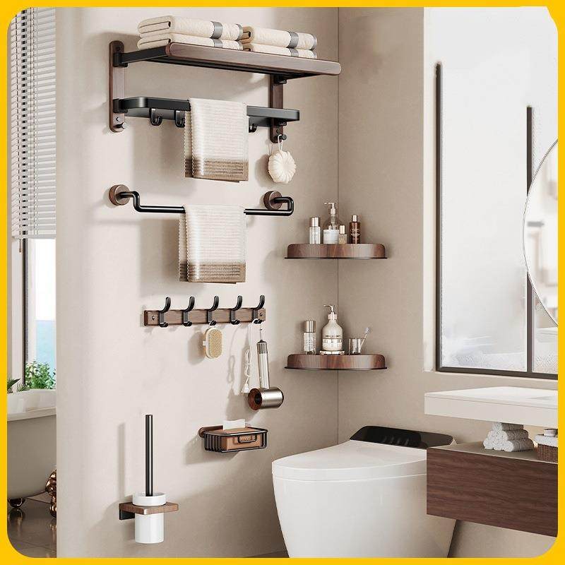 胡桃木卫生间毛巾架免打孔中古风实木浴室淋浴房壁挂式浴巾置物架