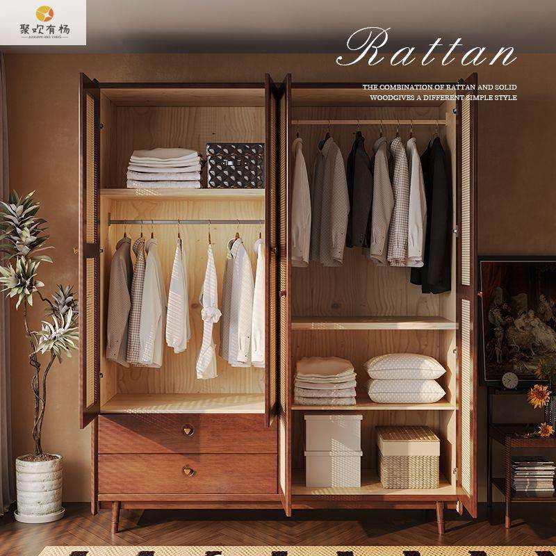 复古对开门组合实木衣柜小户型家用藤编衣柜日式衣橱主卧储物柜
