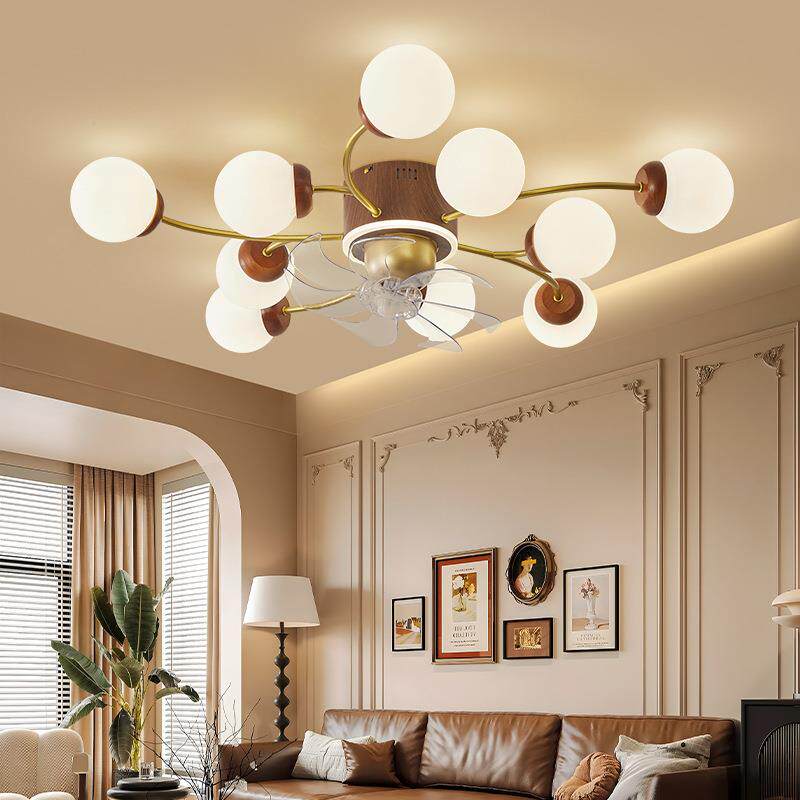 中古风扇灯客厅吸顶灯胡桃木色复古摇头静音全光谱护眼套餐组合灯