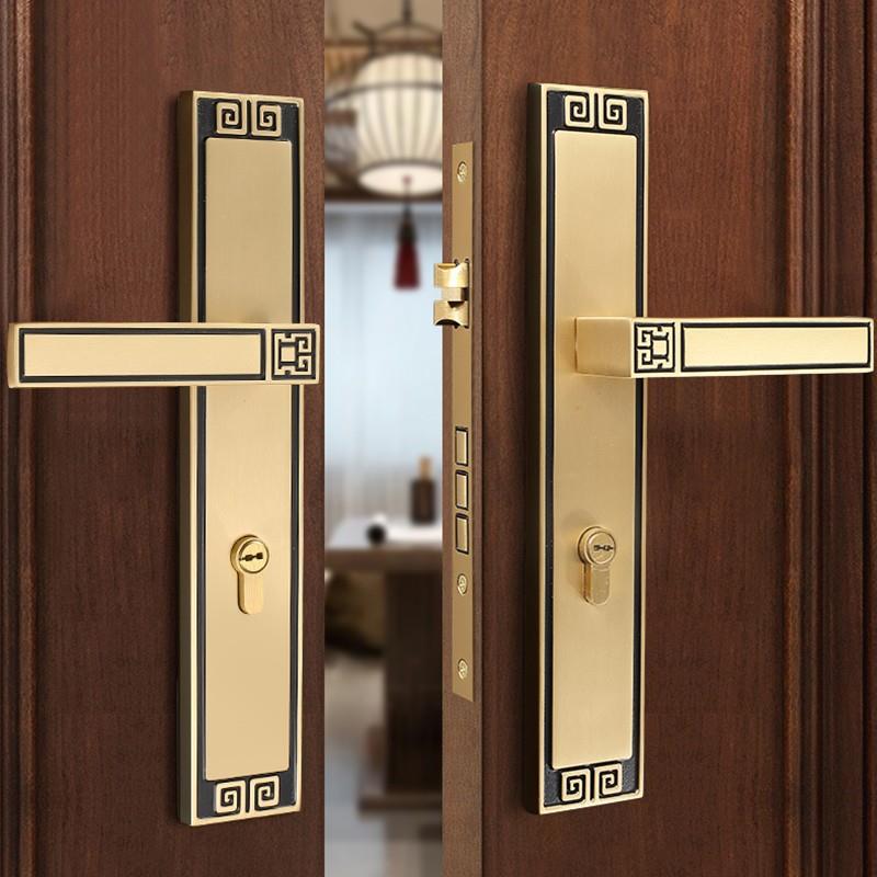 新中式门锁室内纯铜静音家用通用型双开木门全铜别墅卧室房门锁具