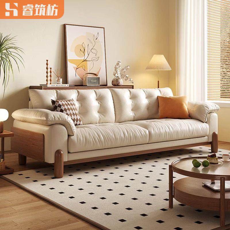 实木沙发北欧复古风客厅小户型云朵沙发直排黑胡桃真皮三人位沙发