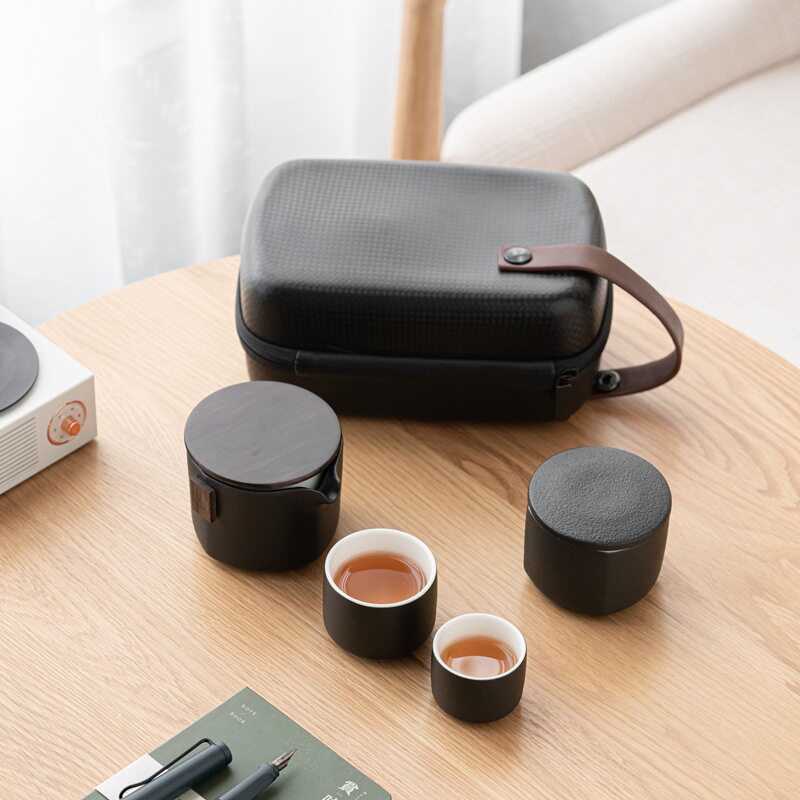 快客杯一壶二杯便携泡茶原木居家旅行茶具套装小套日式黑陶刻字