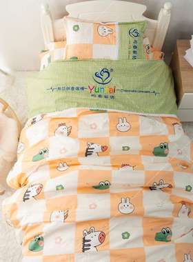 直销幼儿园三件套橙色卡通图案单拼款被套可绣字棉被六件套