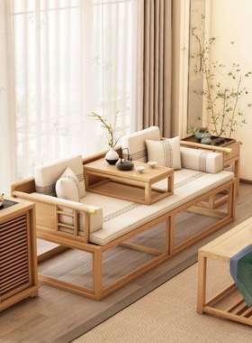罗汉床沙发客厅睡榻推拉新中式沙发型客厅伸缩双人原木