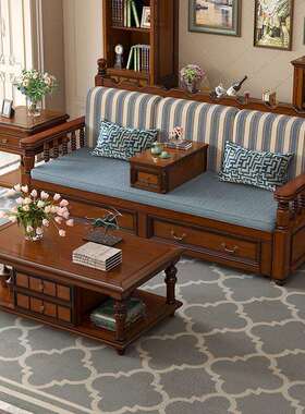 美式复古乡村实木沙发床可推拉折叠双人罗汉床小户型伸缩坐卧两用