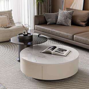 岩板圆形茶几桌客厅家用轻奢现代简约小户型白色奶油高级感设计师