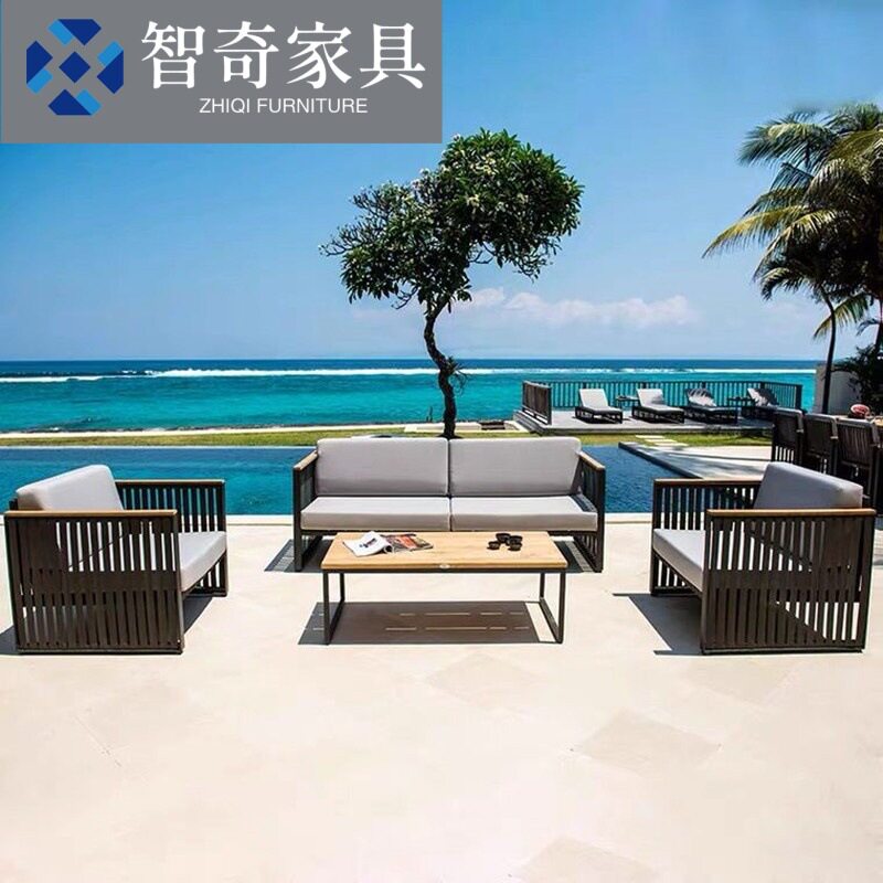户外沙发防水防晒庭院休闲藤编家具组合不锈钢绳编织带露天别墅