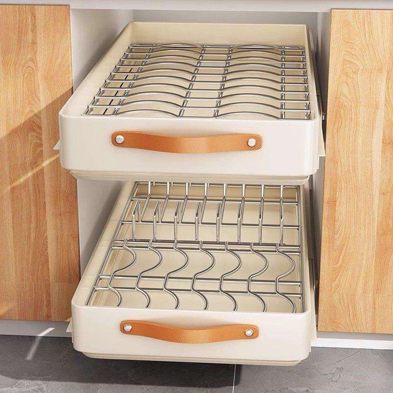 不锈钢碗碟收纳架厨房橱柜内置物架抽屉式拉篮抽拉碗柜盘沥水碗