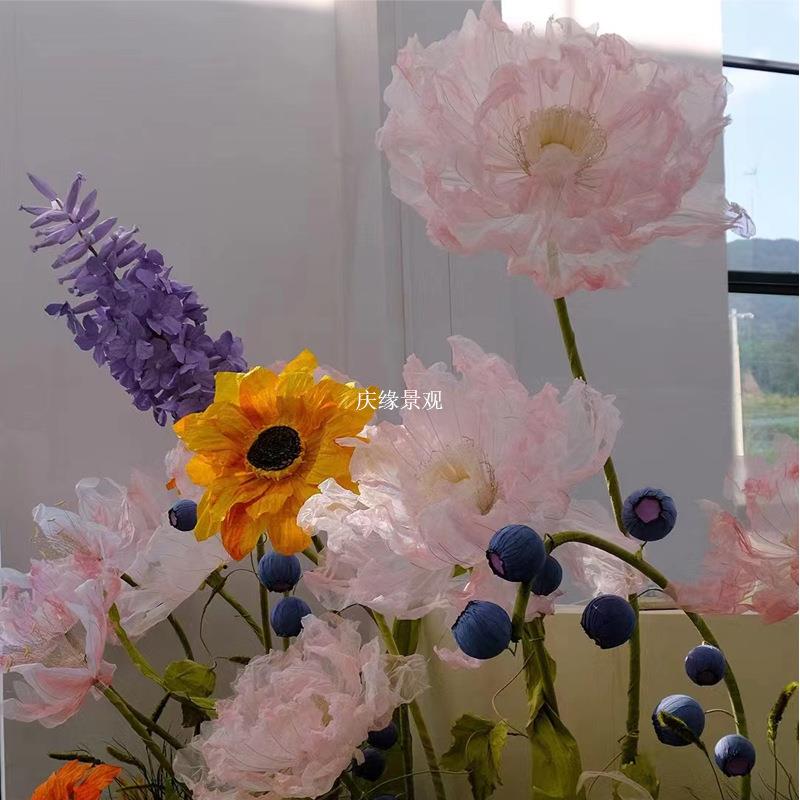 仿真花大型花艺商场陈设橱窗装饰落地摆件电动开合美陈设计丝网花