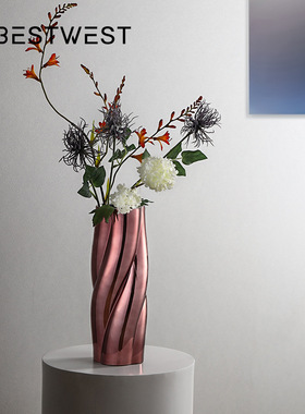 电镀铝深粉不规则扭曲玻璃花瓶创L意家居客厅装饰插花器