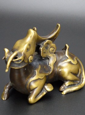 黄铜犀牛望月摆件纯铜镇纸毛w笔架仿古铜器工艺品书房办公室摆设