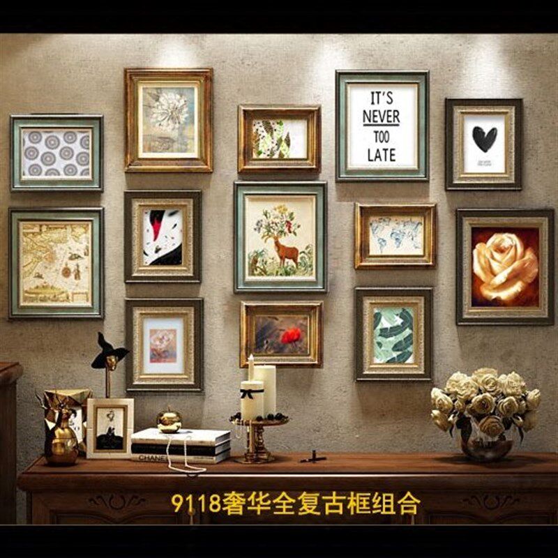 欧式照片墙实f木奢华复古高端挂墙美式相框挂墙客厅餐厅背景墙创