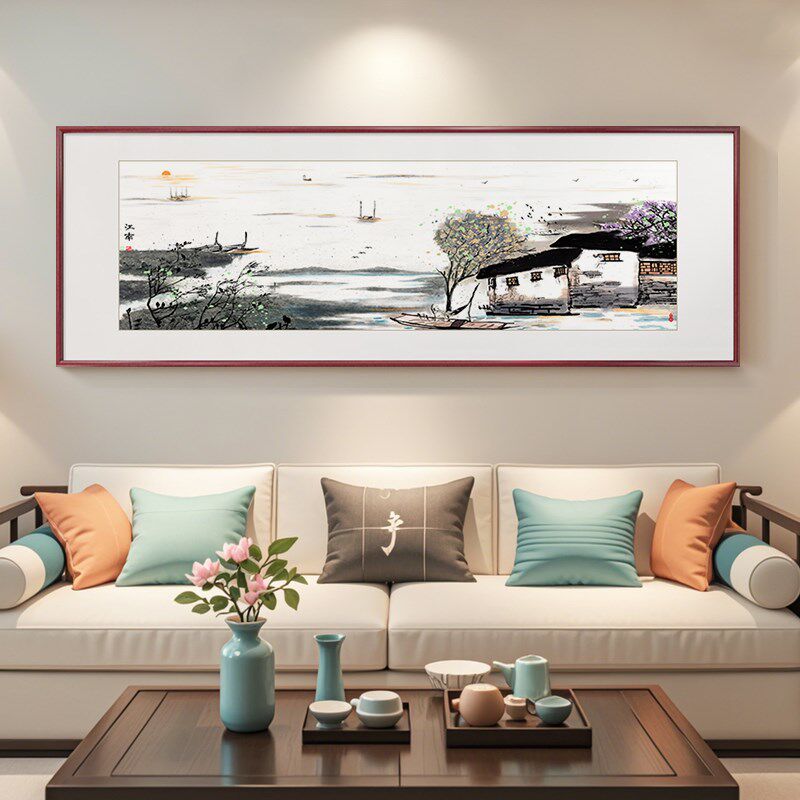 江南水乡新中式客厅装饰画沙发背景墙水墨中P国风山水画书房挂画