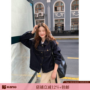 你好卡农 深蓝色撞色压线牛仔外套女秋冬新款宽松显瘦小个子夹克