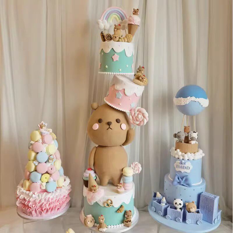 儿童周岁满月生日宴暴力熊粉蓝色系蛋糕店开业橱窗样品模具摆件