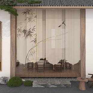 拉卷式 新中式 客厅茶室隔断屏风帘电动升降卷帘窗帘遮阳帘门帘定制