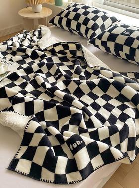 北欧时尚简约ins风午睡毯珊瑚绒毛毯单人棋盘格黑白格子沙发盖毯