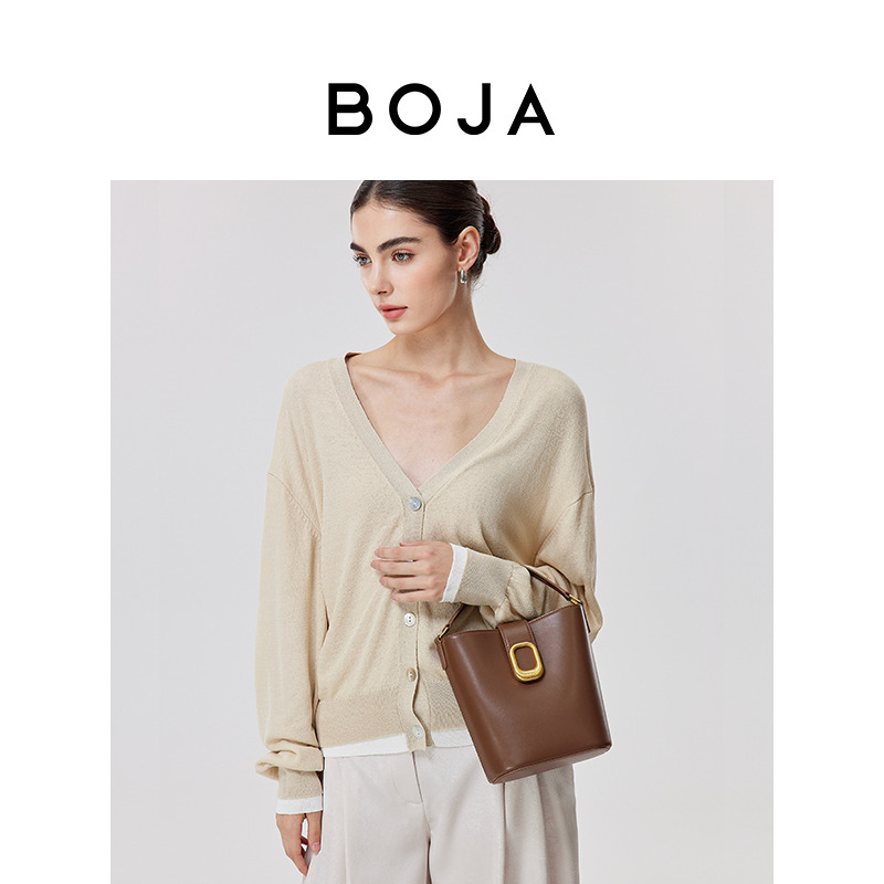 BOJA铂娅2025新款水桶包通勤大容量复古头层牛皮单肩斜跨通勤女包
