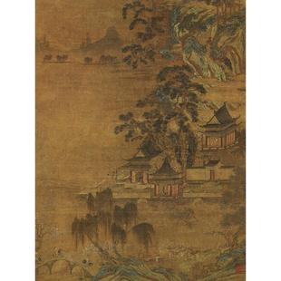 唐 李昭道 湖亭游骑图国画山水画家居客厅办公室书房装饰卷轴挂画