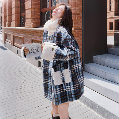 大码女装羊羔毛拼接格子棉衣