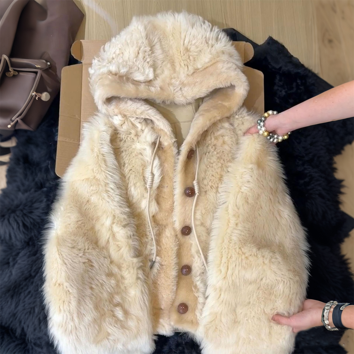 300斤大码女装慵懒风毛绒连帽棉