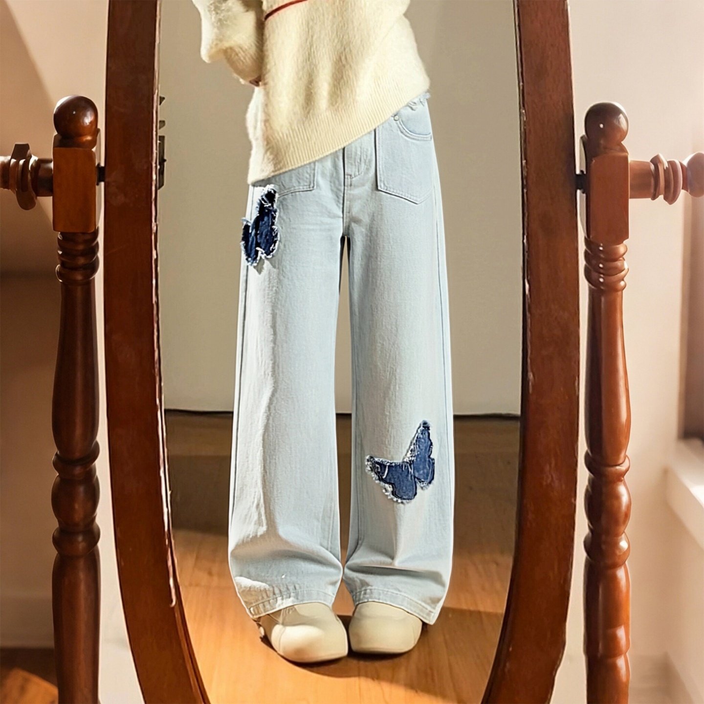 300斤大码女装胖mm蝴蝶贴布牛仔裤女显瘦阔腿裤梨型身材直筒裤子,女装/女士精品,大码裤装,淘宝优惠券,粉丝福利购,淘宝优惠卷