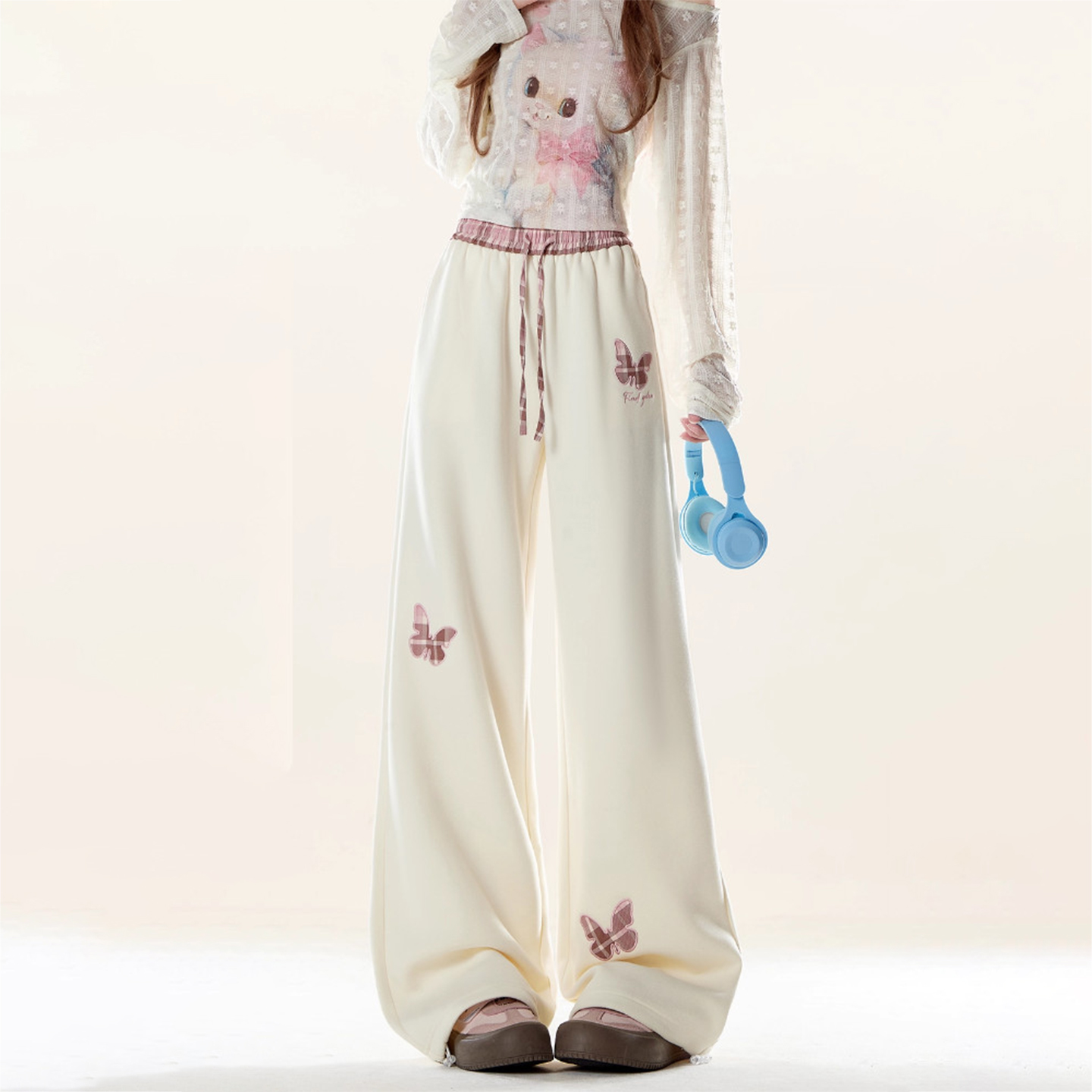 胖mm大码女装蝴蝶刺绣休闲阔腿裤